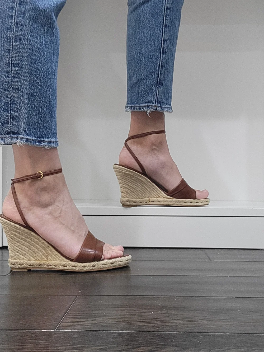 Franco Sarto Brown Leather Espadrille Wedge Sandals